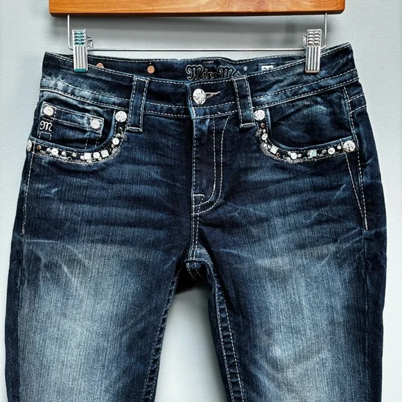 Miss Me Rhinestone Embellished Wing Jeans Slim Boot Cut in Dark Wash 28 - Picture 5 of 11